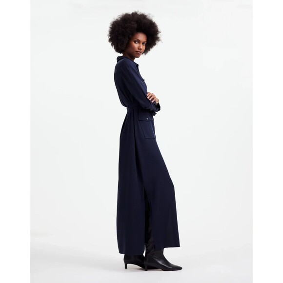 Madewell Large Utility Tie Waist Maxi Button Front Shirt Dress Navy Blue NWT - Picture 2 of 15